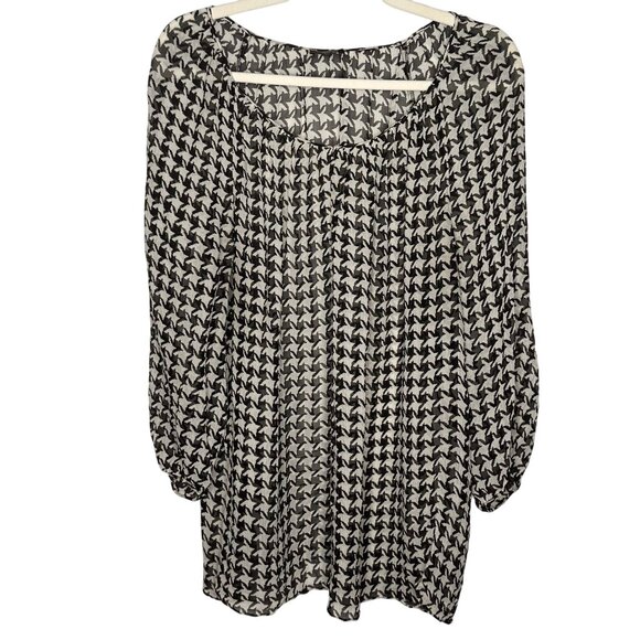 Talbots Sheer Blouse Womens 2X Black White Sheer Puff Sleeve Office Houndstooth - Picture 1 of 7